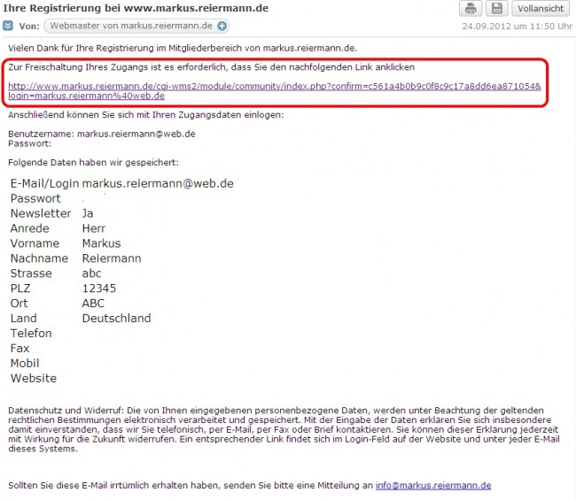 Bestätigungs Email Bestätigungs Email